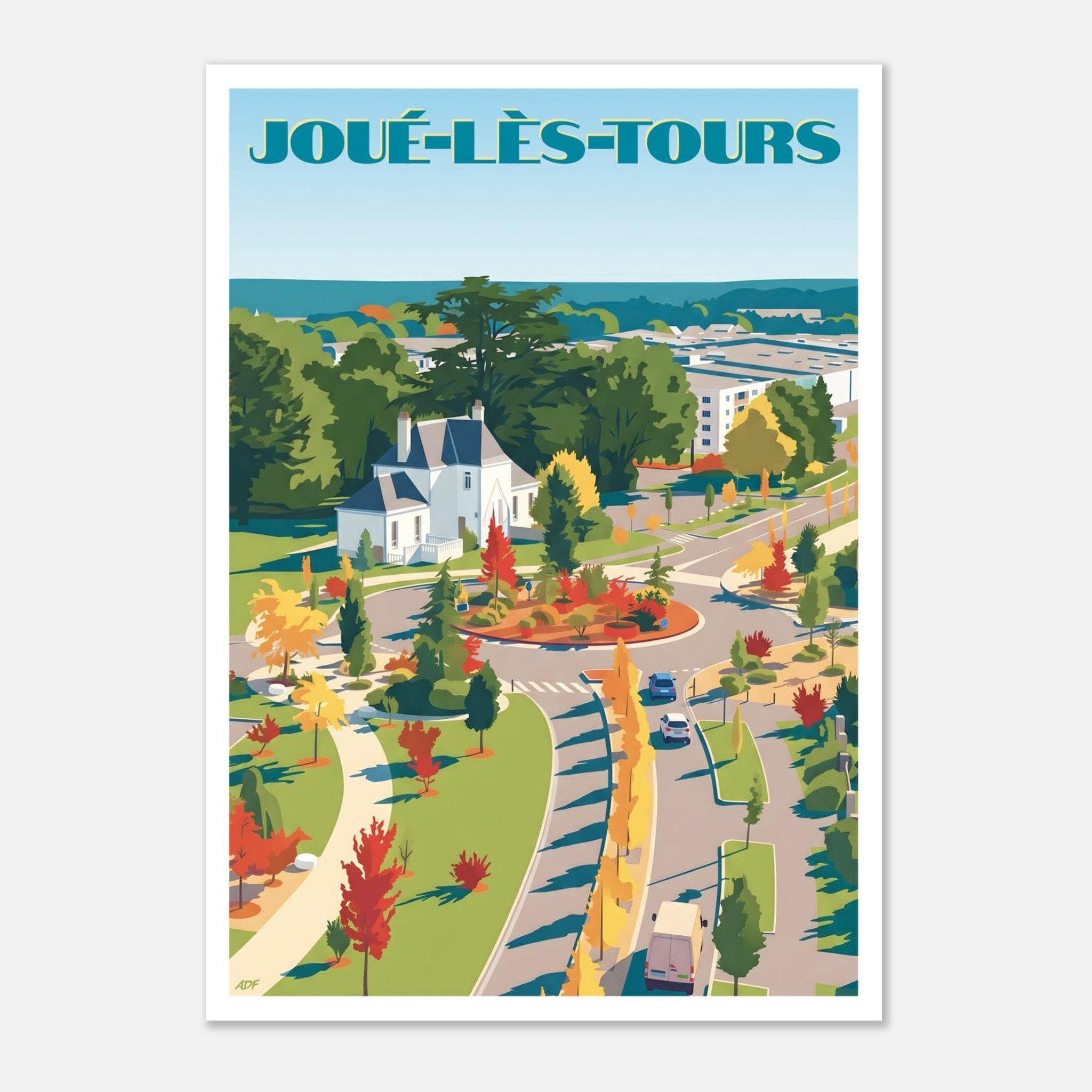 Illustration graphique d'un paysage urbain et arboré aux tons chauds d'automne à Joué-lès-Tours