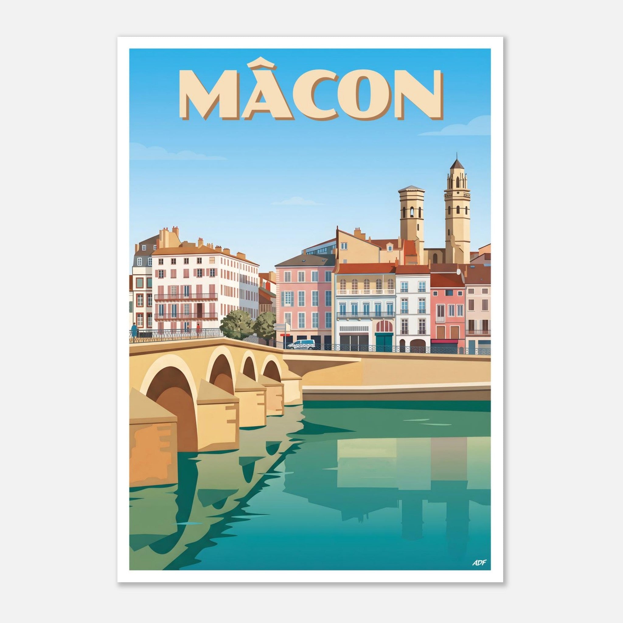 Illustration graphique des reflets sur la Saône et des façades colorées de Mâcon