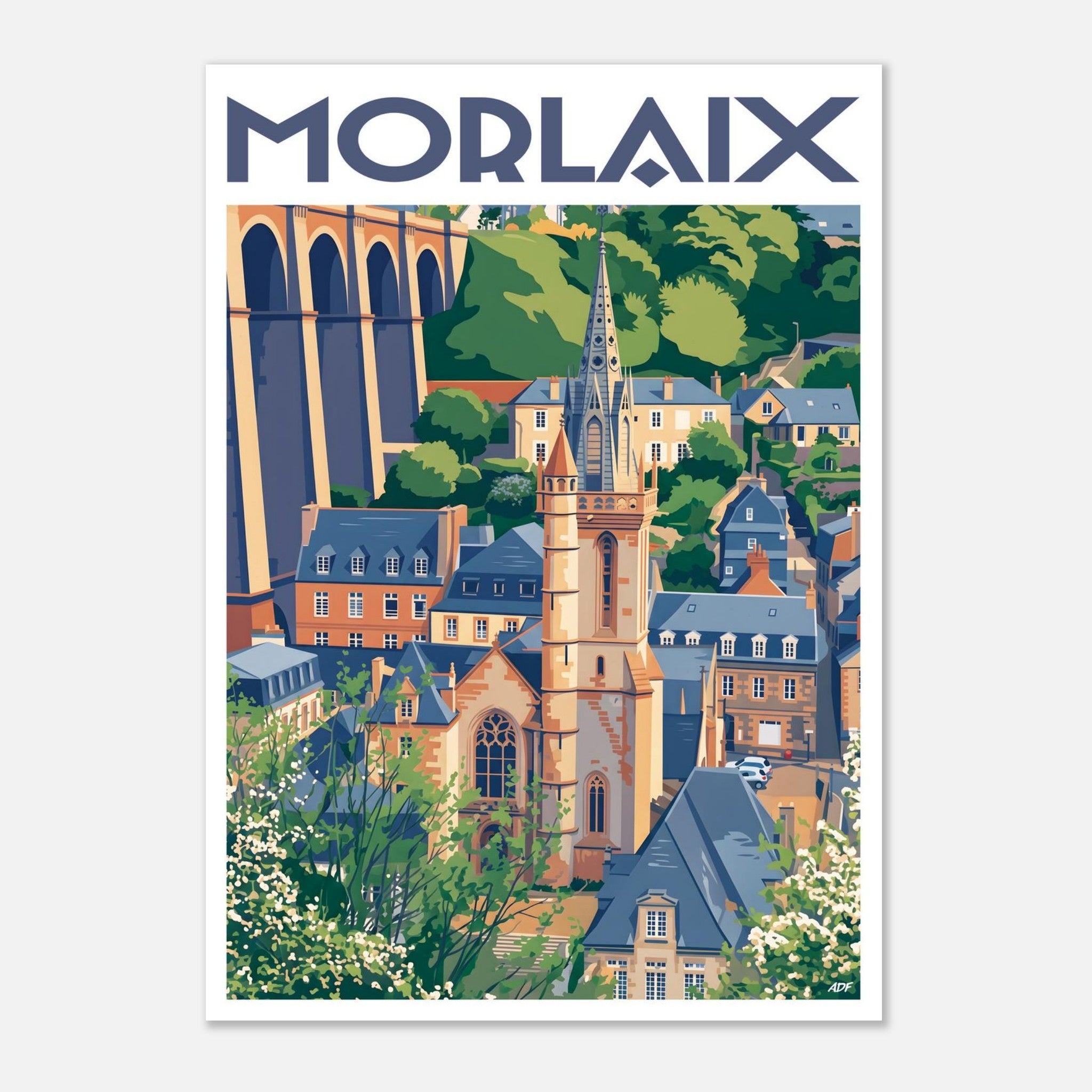 Illustration graphique vue d'en haut de la tour de l'église Saint-Melaine et des coteaux de Morlaix