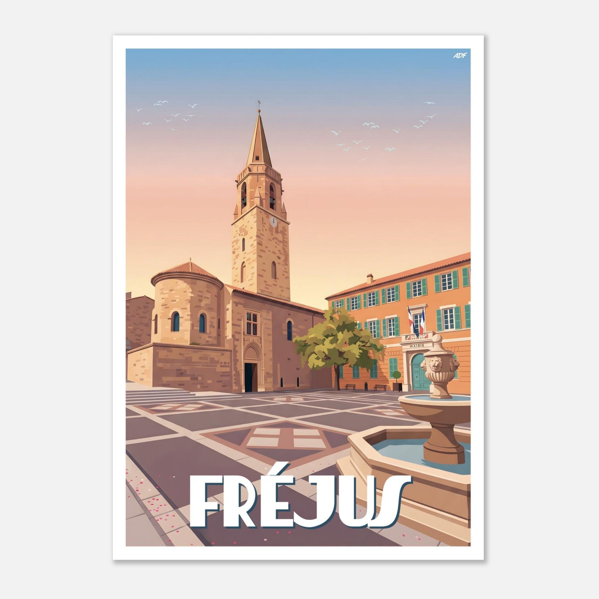 Illustration graphique des façades ocre provençales, du baptistère et de la place pavée à Fréjus