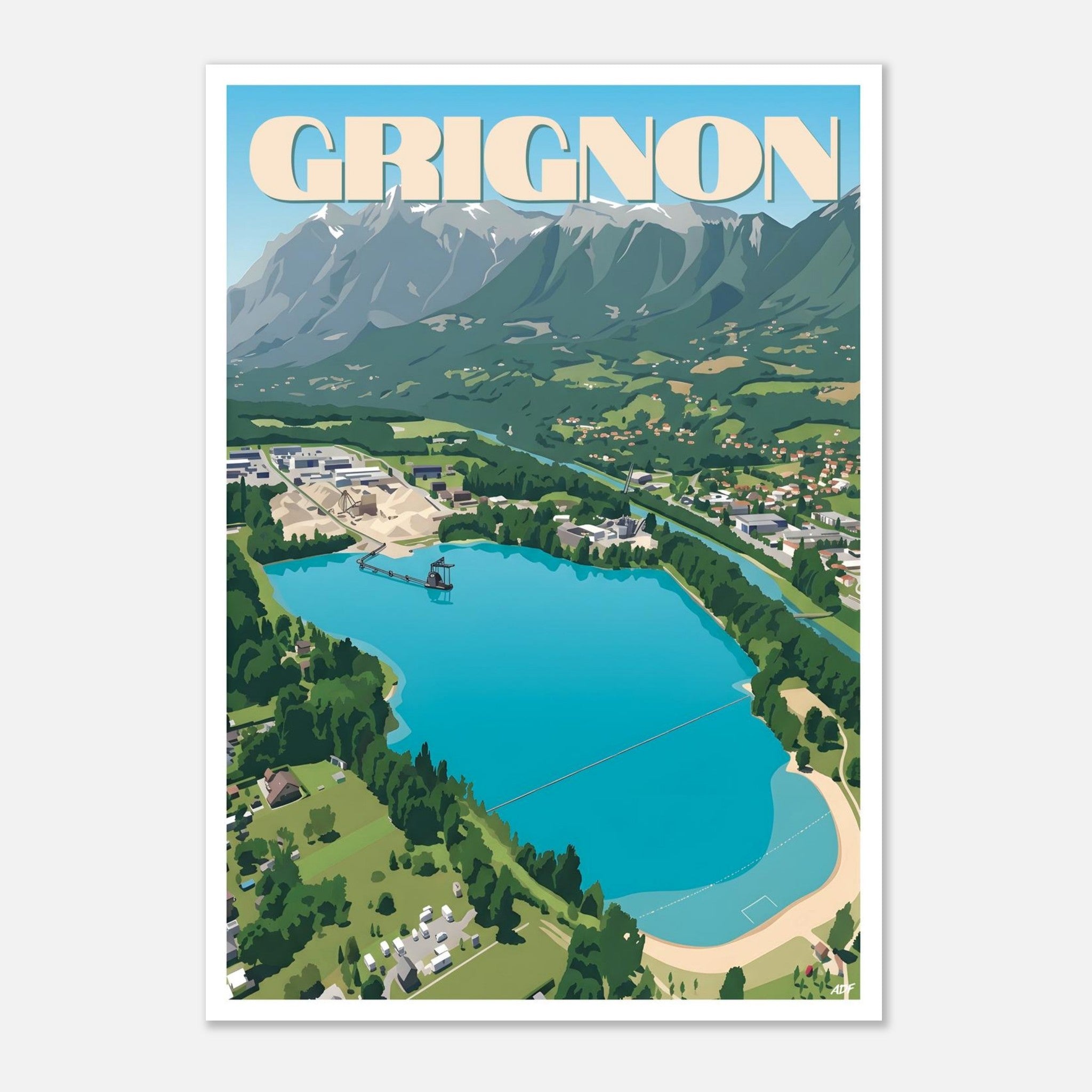 Illustration graphique des eaux turquoise du plan d'eau de Grignon niché dans la vallée alpine