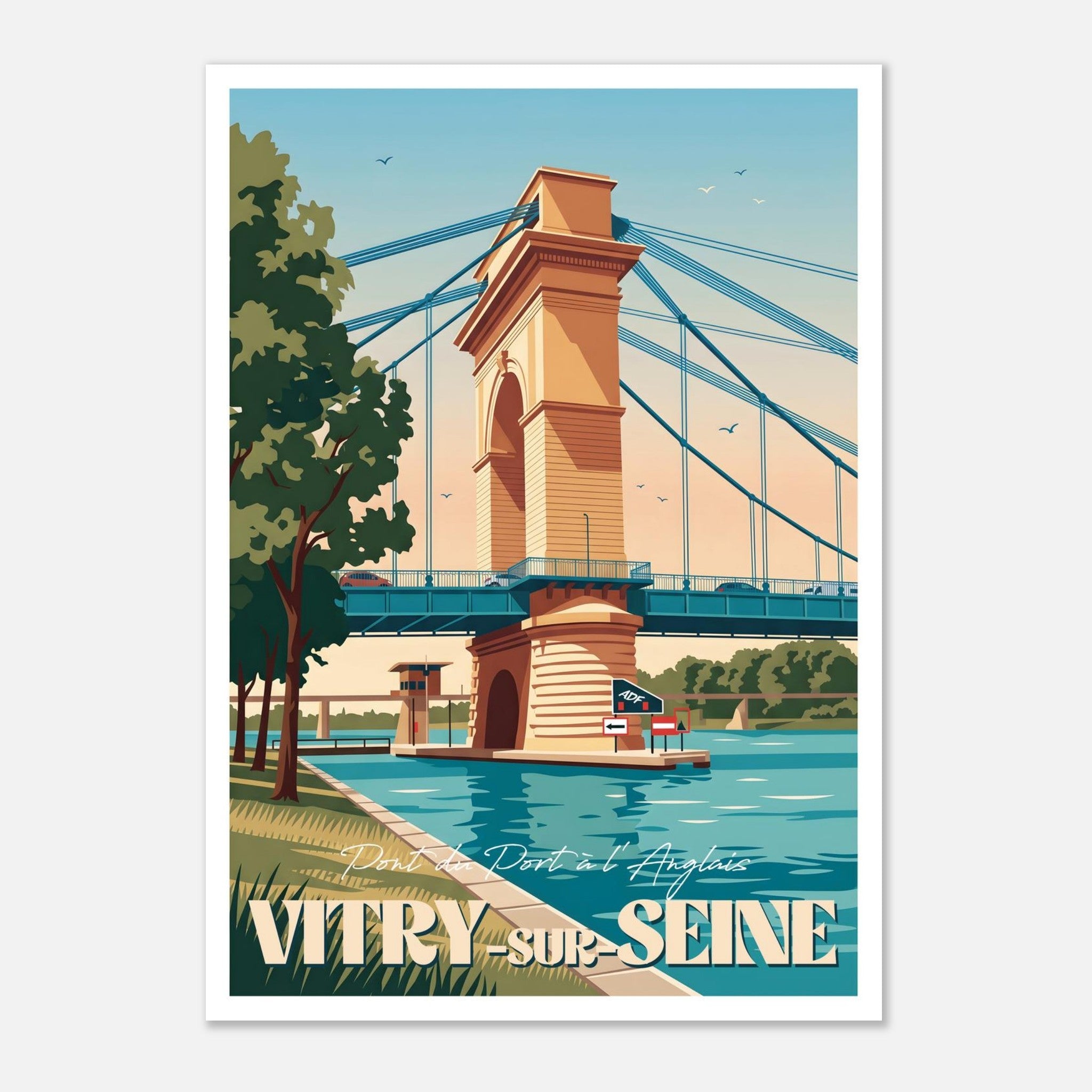 Illustration graphique des câbles en acier, du tablier métallique et des berges de la Seine à Vitry