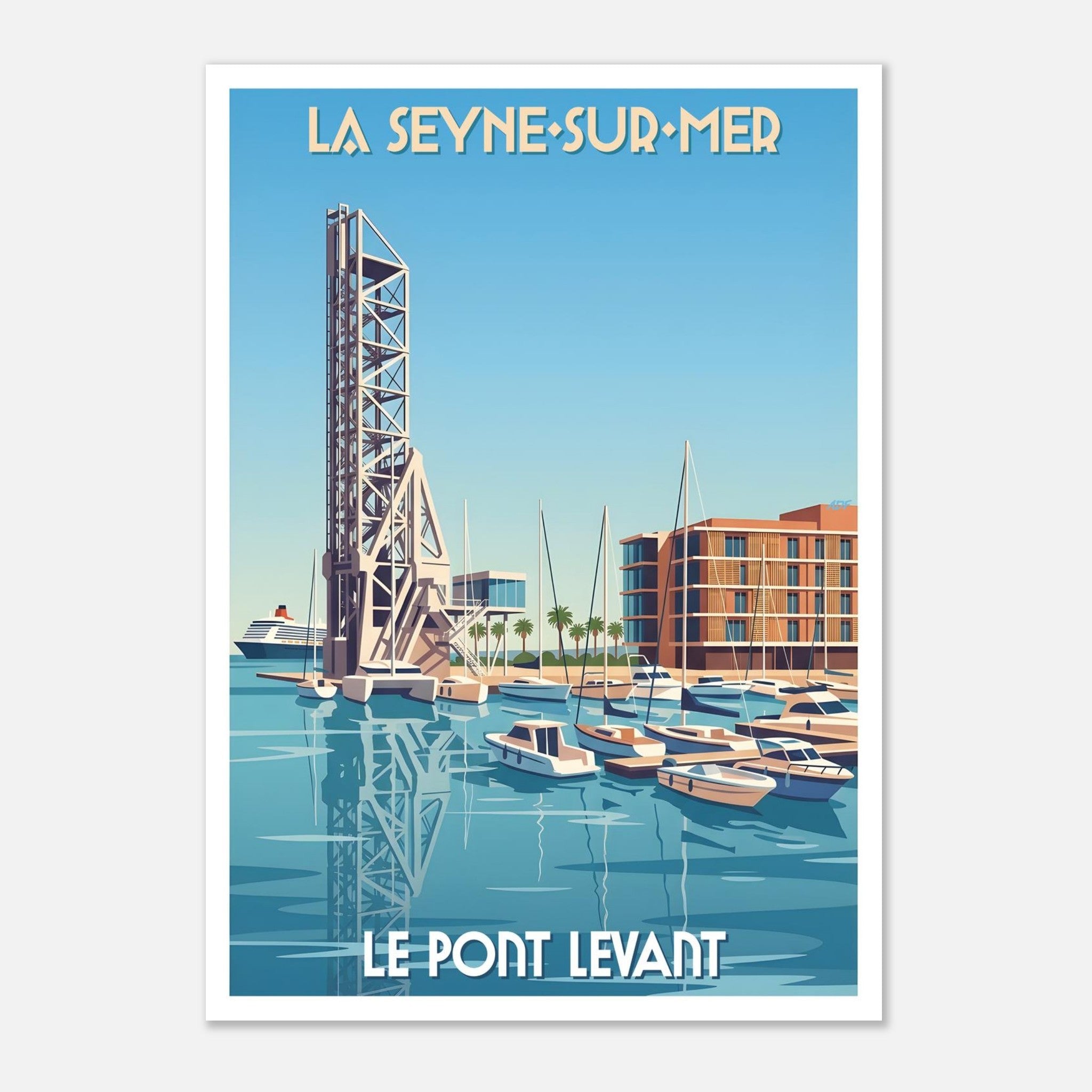 Illustration graphique de la structure métallique du pont levant et des reflets sur la mer à La Seyne