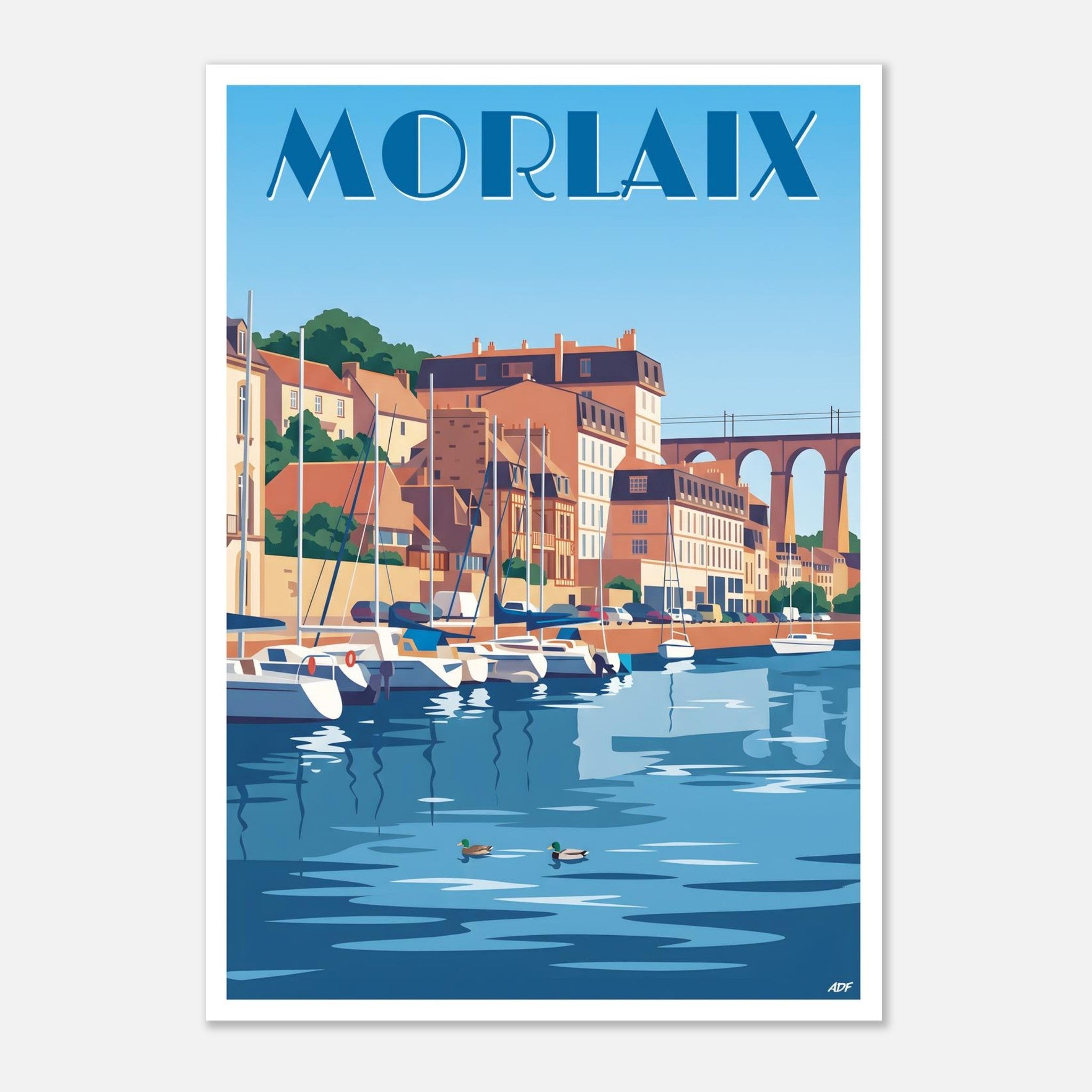 Illustration graphique des reflets sur l'eau du port et des façades étagées de Morlaix