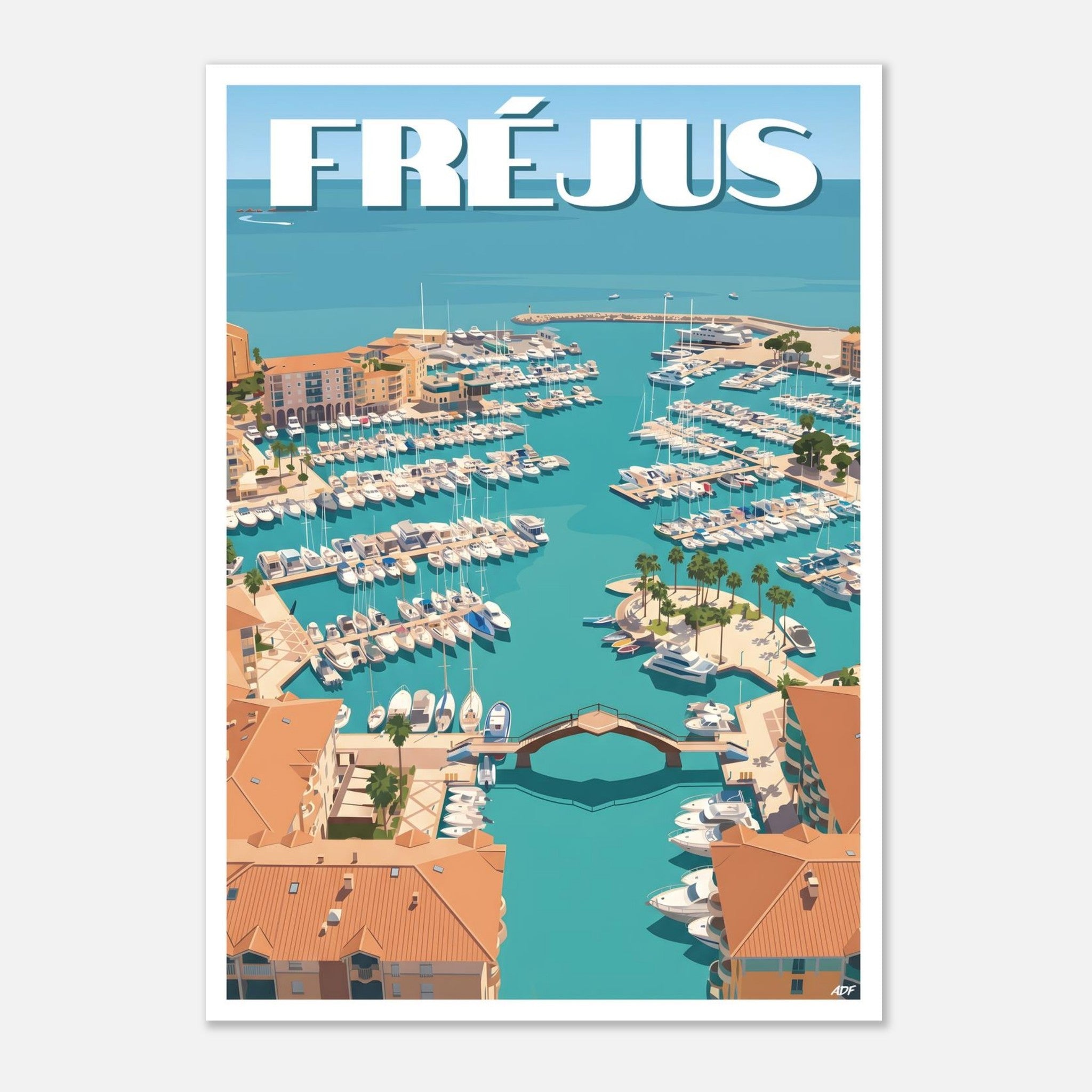 Illustration graphique lumineuse de la marina et des quais ensoleillés de Fréjus