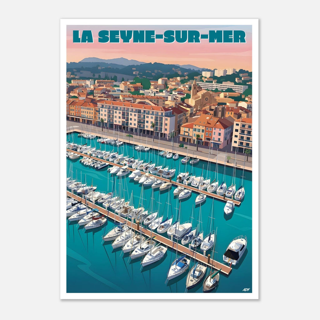 Illustration graphique vue d'en haut des bateaux à quai sur l'eau turquoise à La Seyne-sur-Mer
