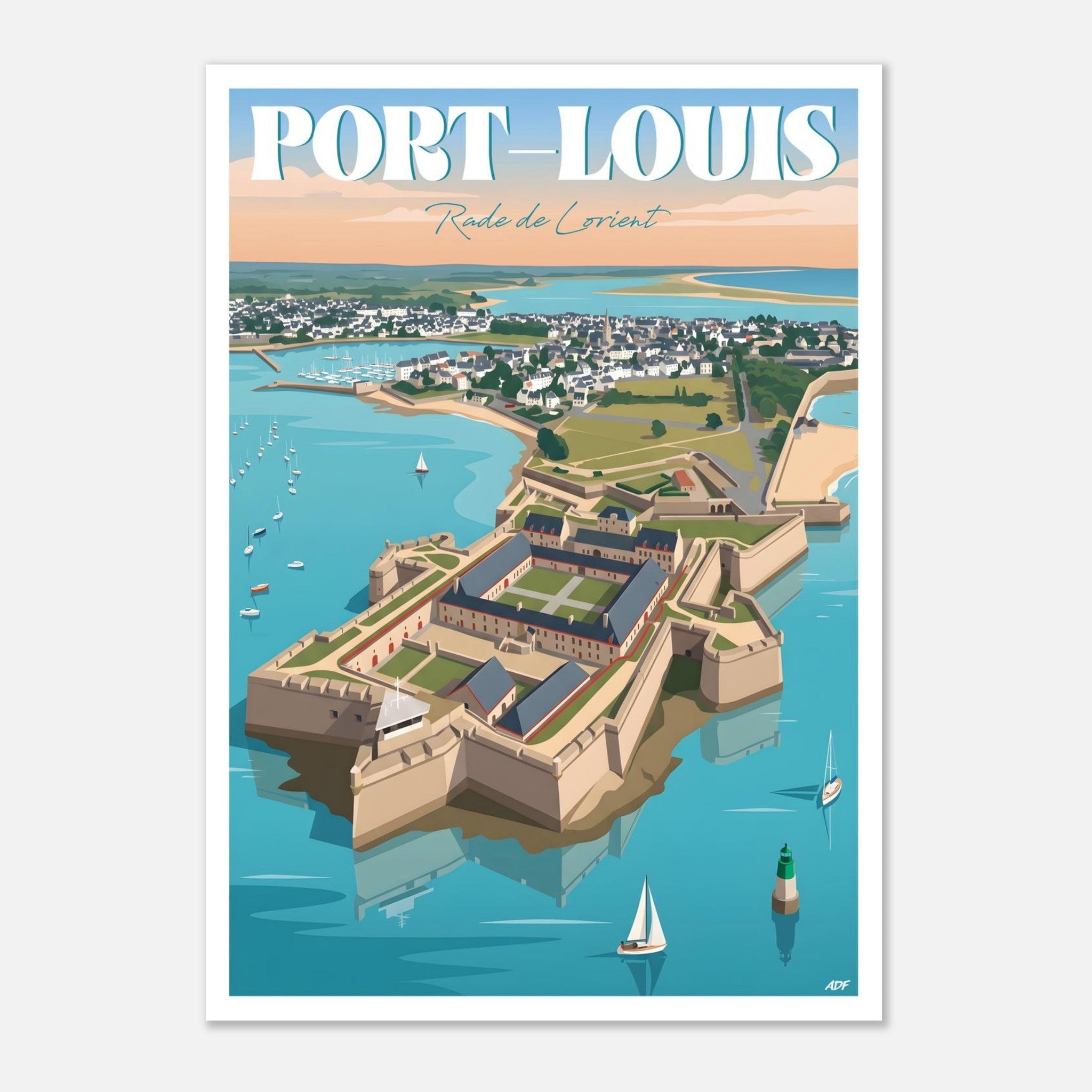 Illustration graphique vue du ciel de la citadelle de Port-Louis et de l'océan