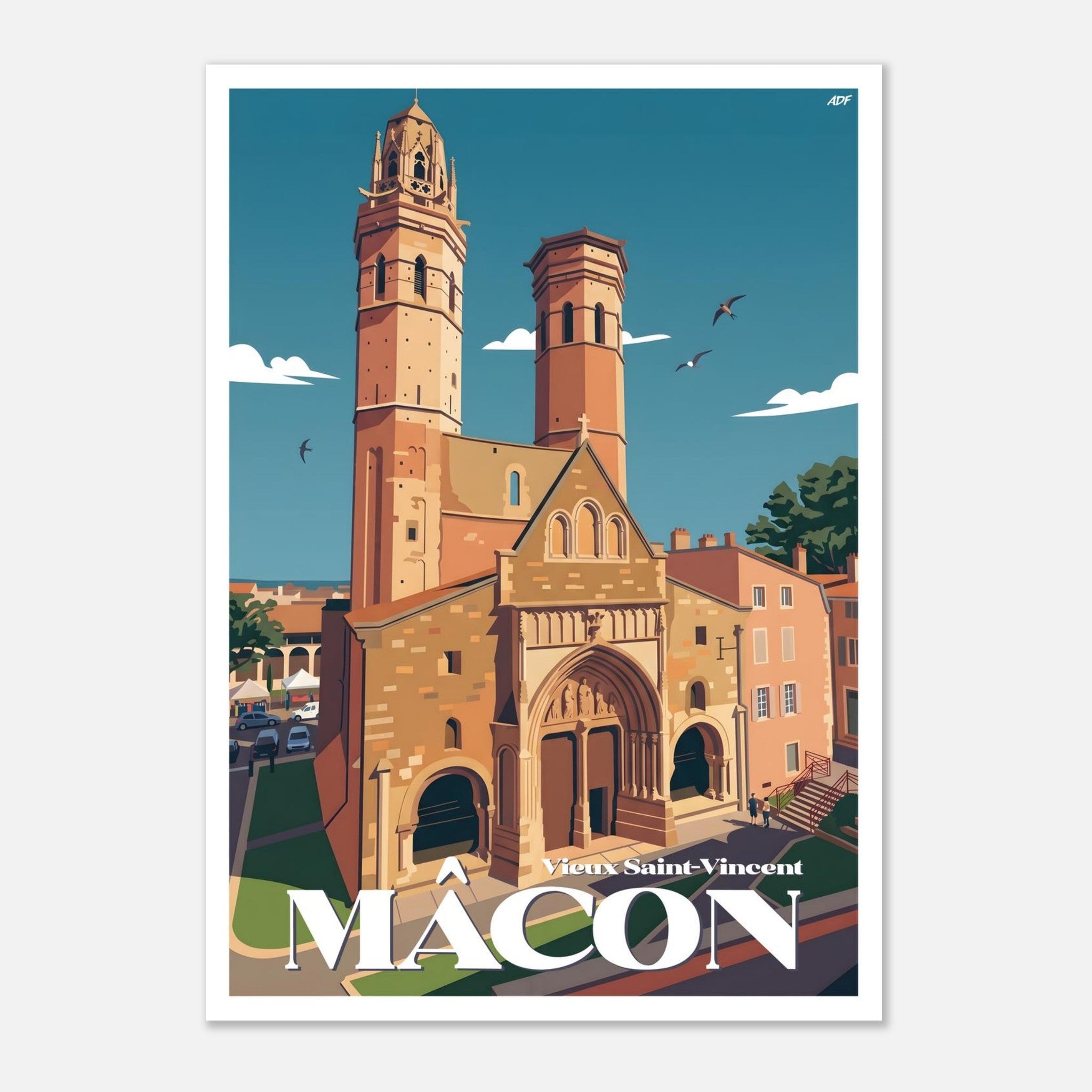 Illustration graphique des façades en pierre dorée du Vieux Saint-Vincent à Mâcon