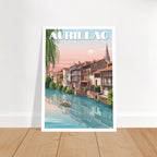 Grand tirage d'art sous cadre du poster d'Aurillac posé sur parquet en bois