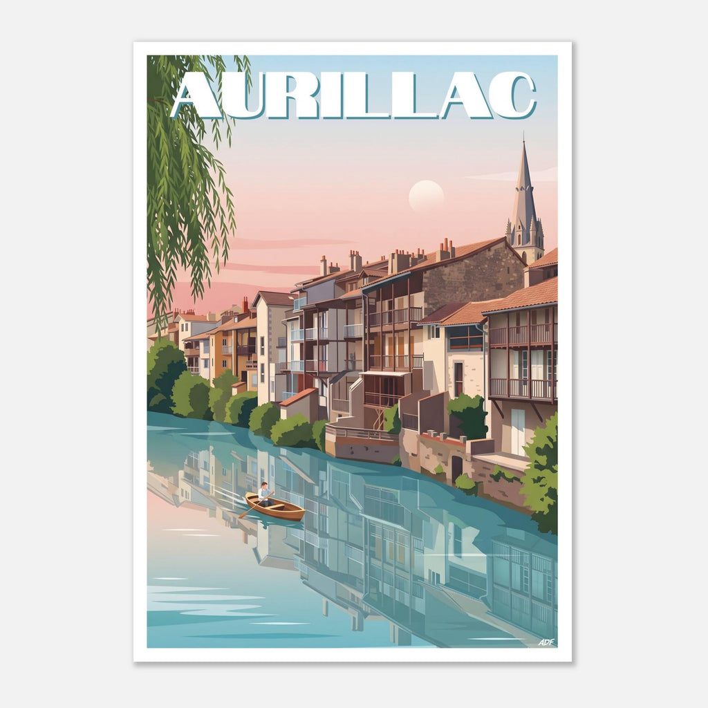 Poster rétro d'Aurillac dans le Cantal avec ses balcons en bois au bord de l'eau