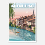 Poster rétro d'Aurillac dans le Cantal avec ses balcons en bois au bord de l'eau
