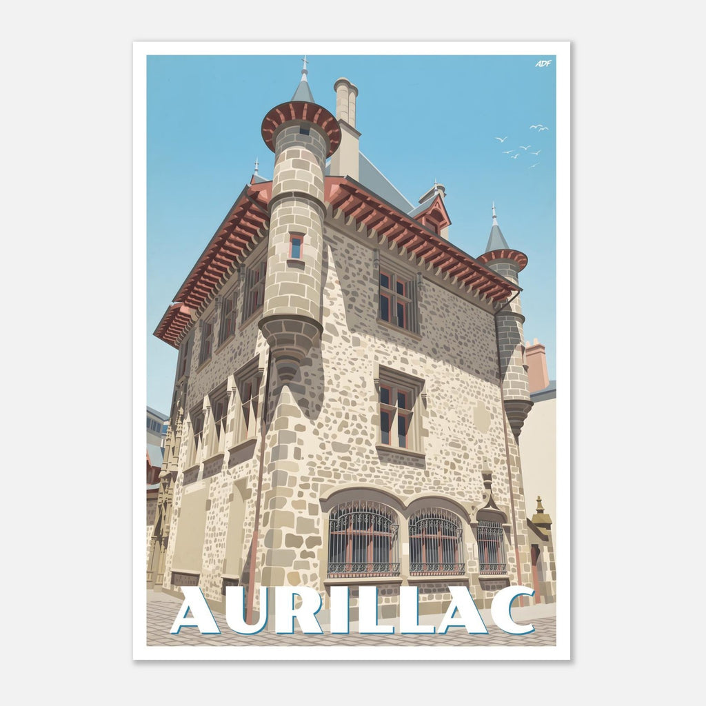Poster rétro illustré du centre historique d'Aurillac dans le Cantal