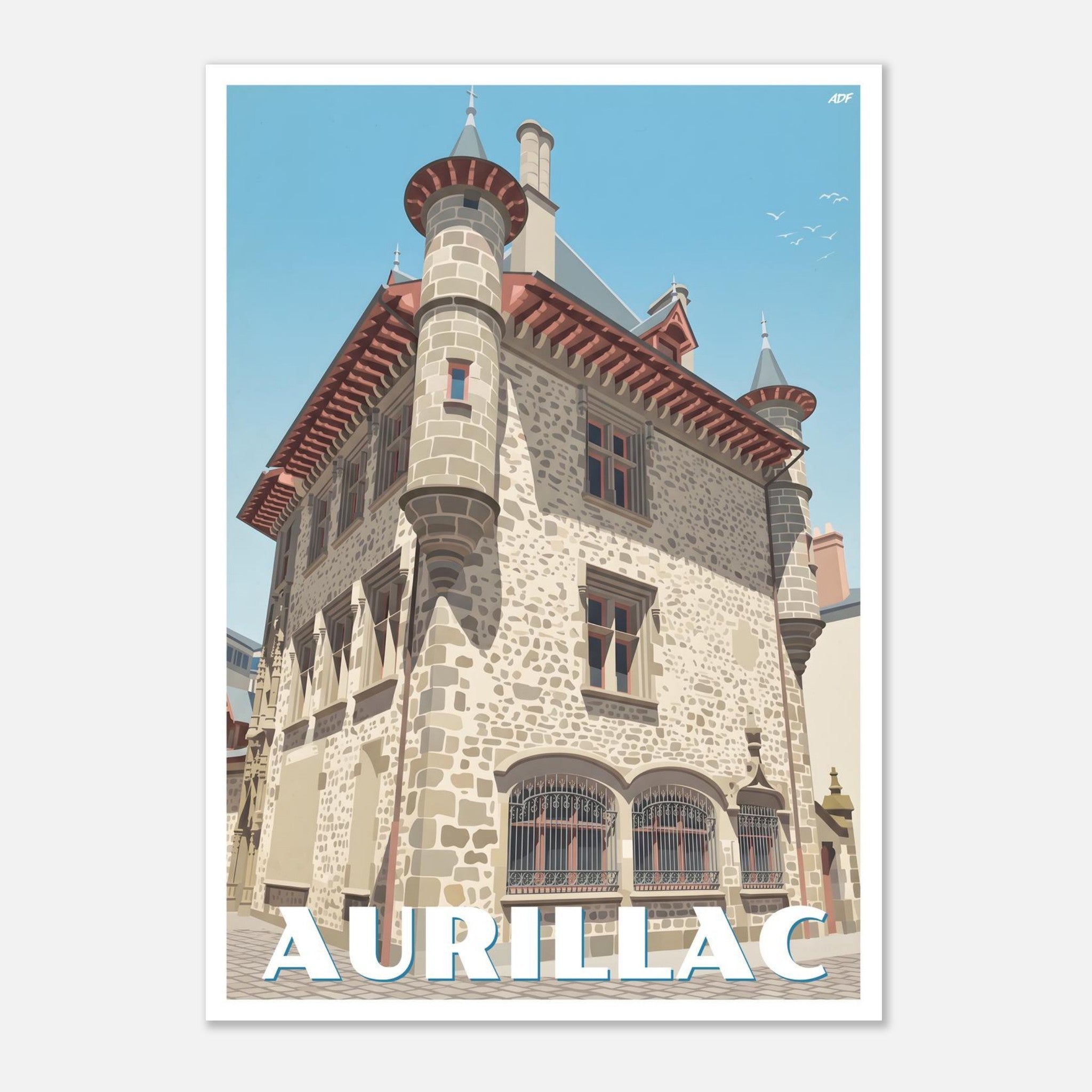 Poster rétro illustré du centre historique d'Aurillac dans le Cantal