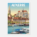 Poster rétro illustré du port fluvial et de la tour gothique d'Auxerre en Bourgogne