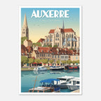 Poster rétro illustré du port fluvial et de la tour gothique d'Auxerre en Bourgogne
