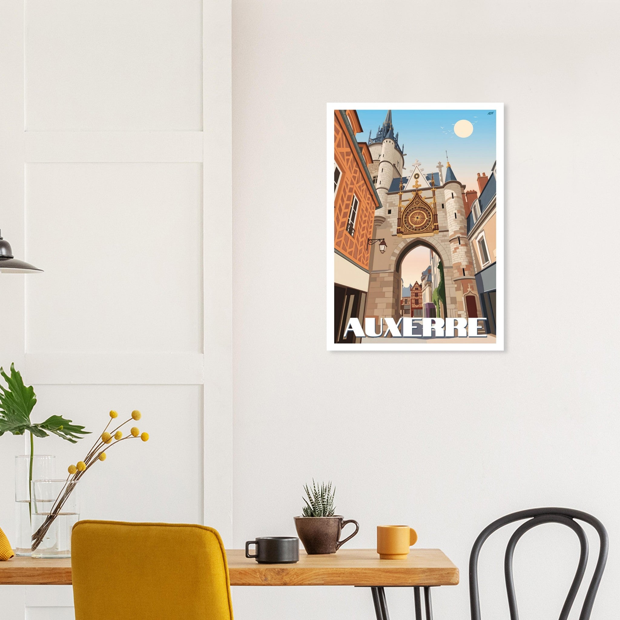 Décoration murale contemporaine avec le tirage d'art d'Auxerre au-dessus d'une table