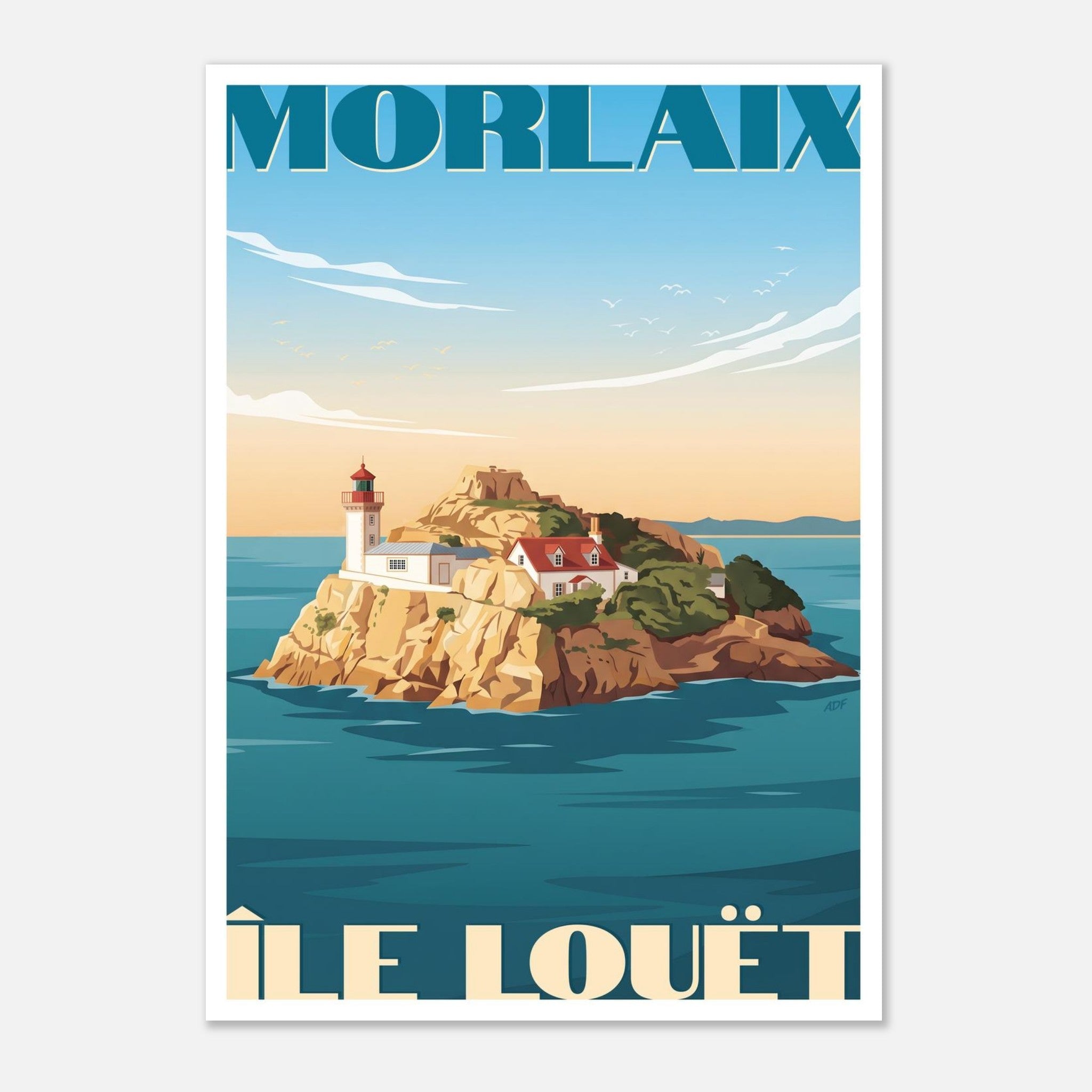 Poster rétro illustré du phare de l'île Louët dans la baie de Morlaix en Bretagne