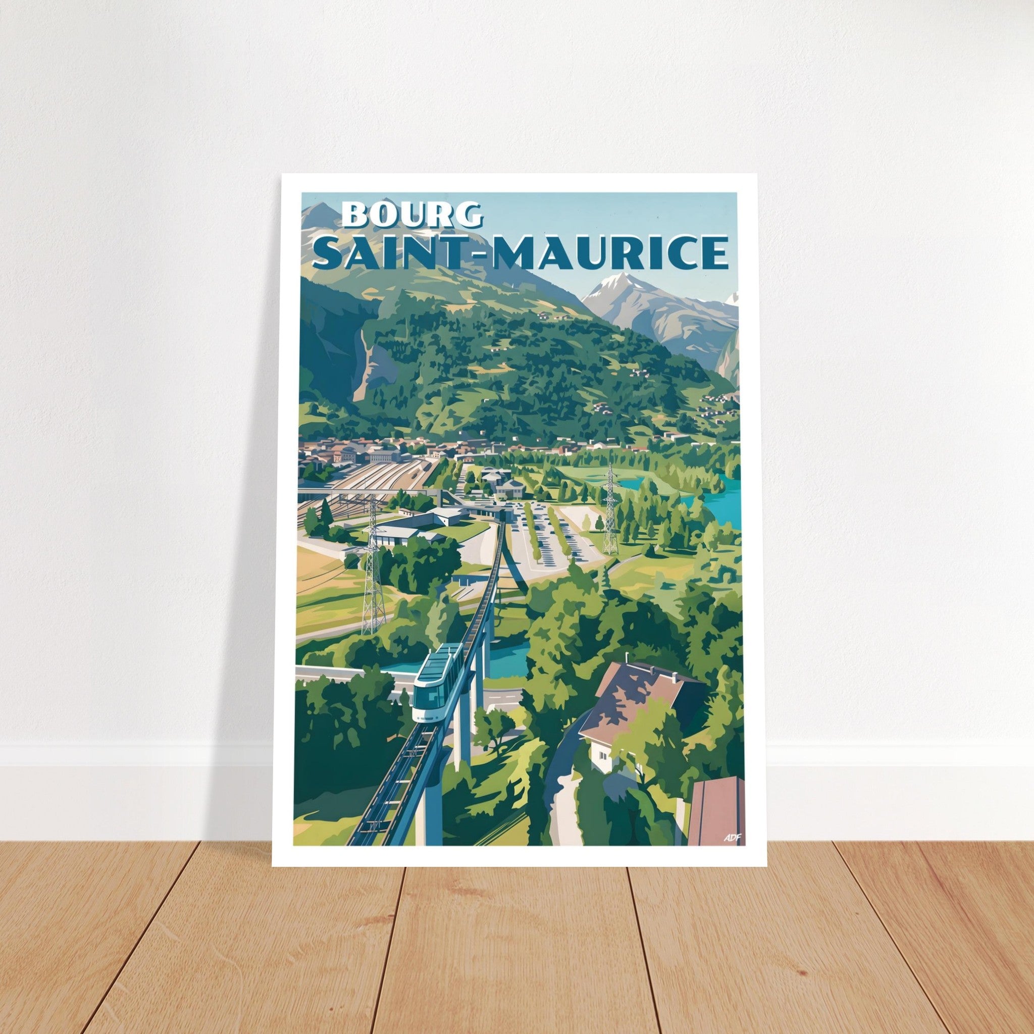 Grand poster de Bourg-Saint-Maurice sous cadre posé au sol sur parquet