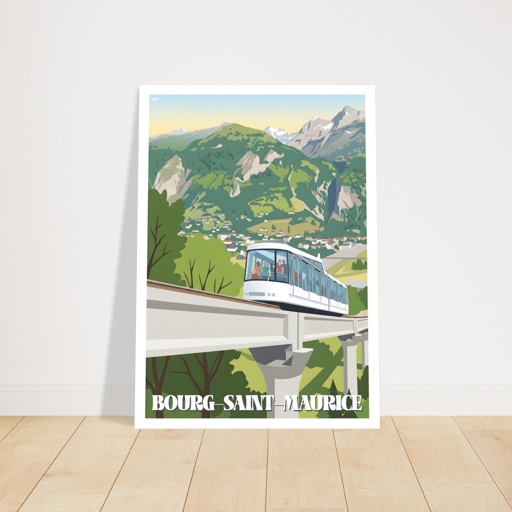 Grand poster de montagne sous cadre du funiculaire de Bourg-Saint-Maurice posé sur parquet