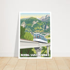 Grand poster de montagne sous cadre du funiculaire de Bourg-Saint-Maurice posé sur parquet