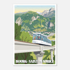 Poster rétro illustré du funiculaire des Alpes gravissant la montagne à Bourg-Saint-Maurice