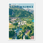Poster rétro de Bourg-Saint-Maurice avec vue sur le paysage de montagne et la vallée de la Tarentaise