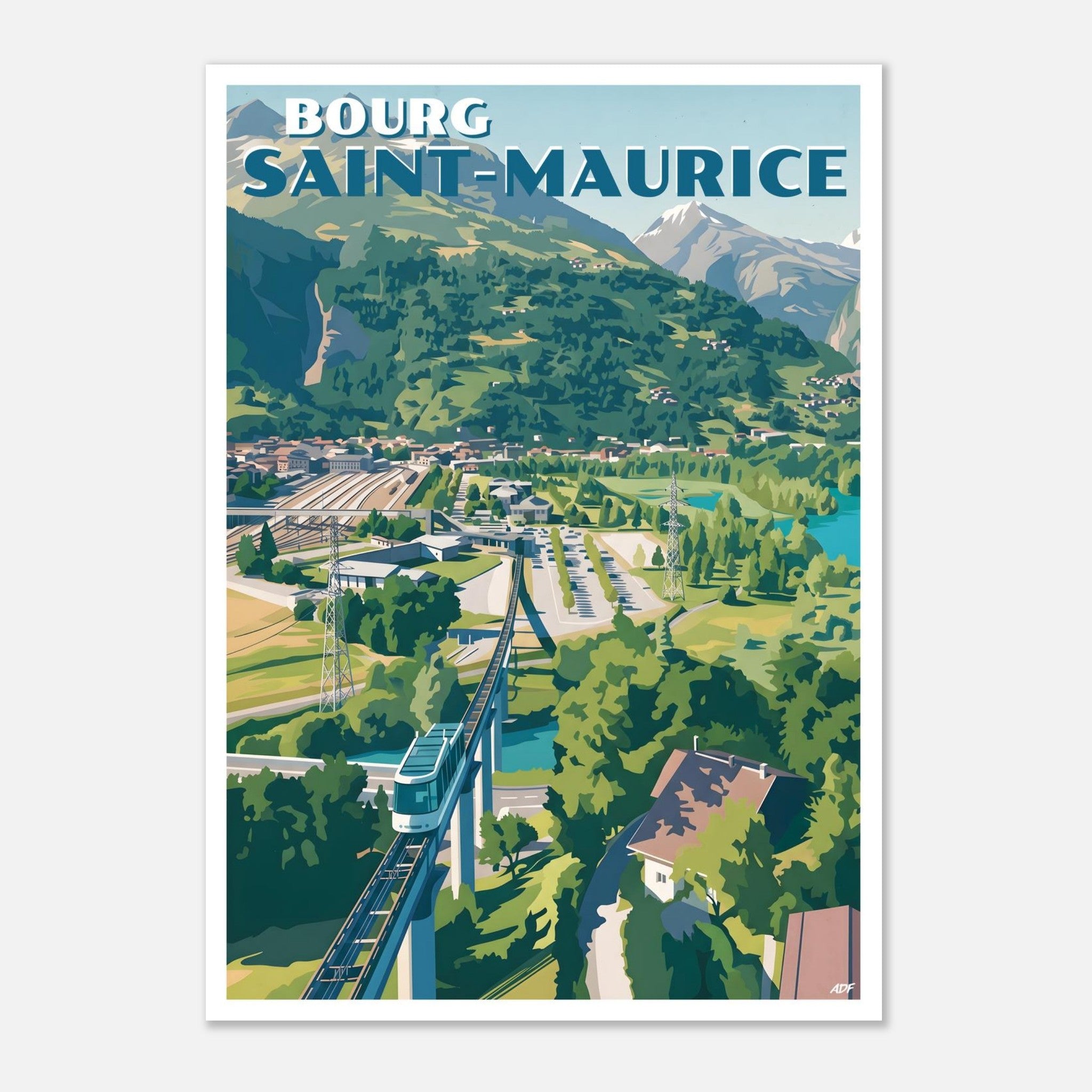 Poster rétro de Bourg-Saint-Maurice avec vue sur le paysage de montagne et la vallée de la Tarentaise