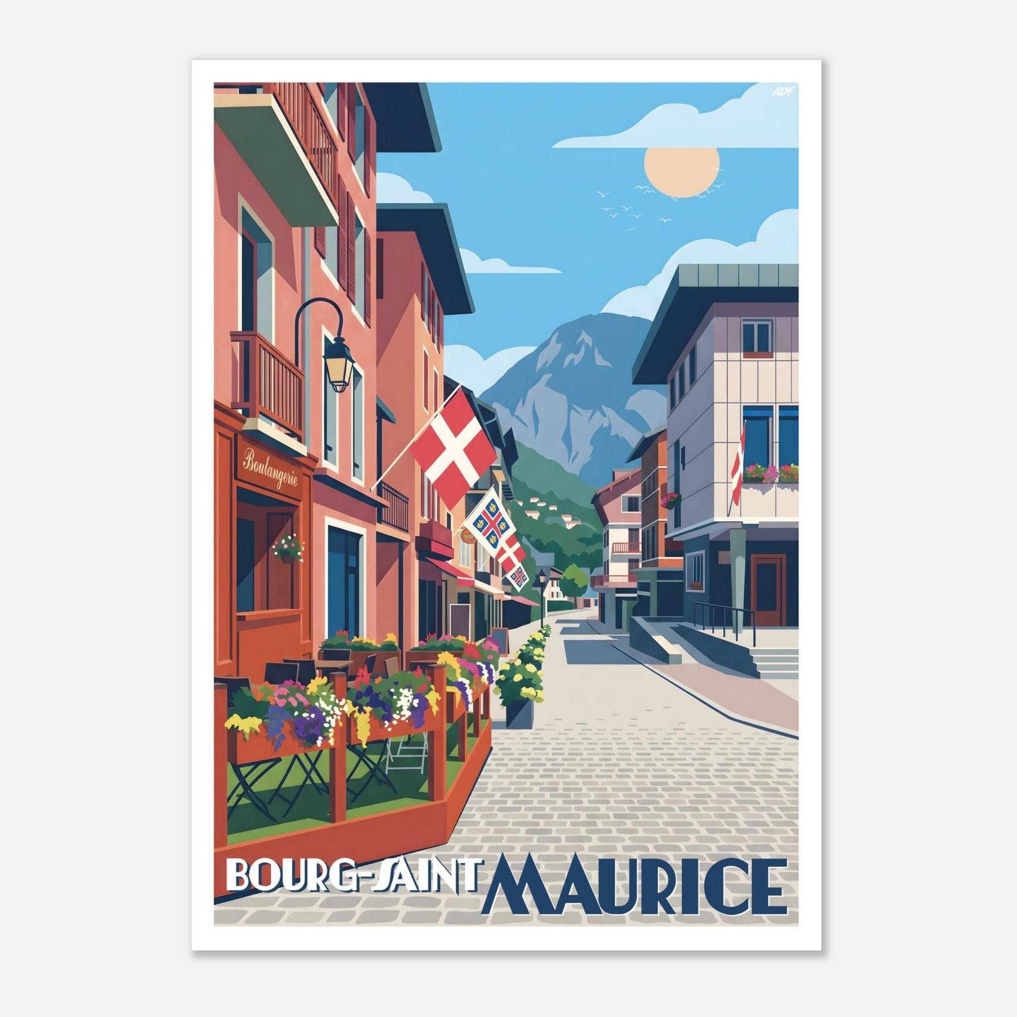 Poster rétro illustré du village de Bourg-Saint-Maurice en Haute Tarentaise