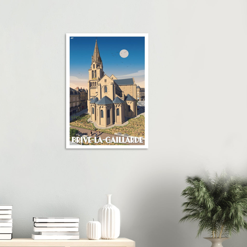 Affiche encadrée de la collégiale de Brive accrochée au mur dans un intérieur contemporain