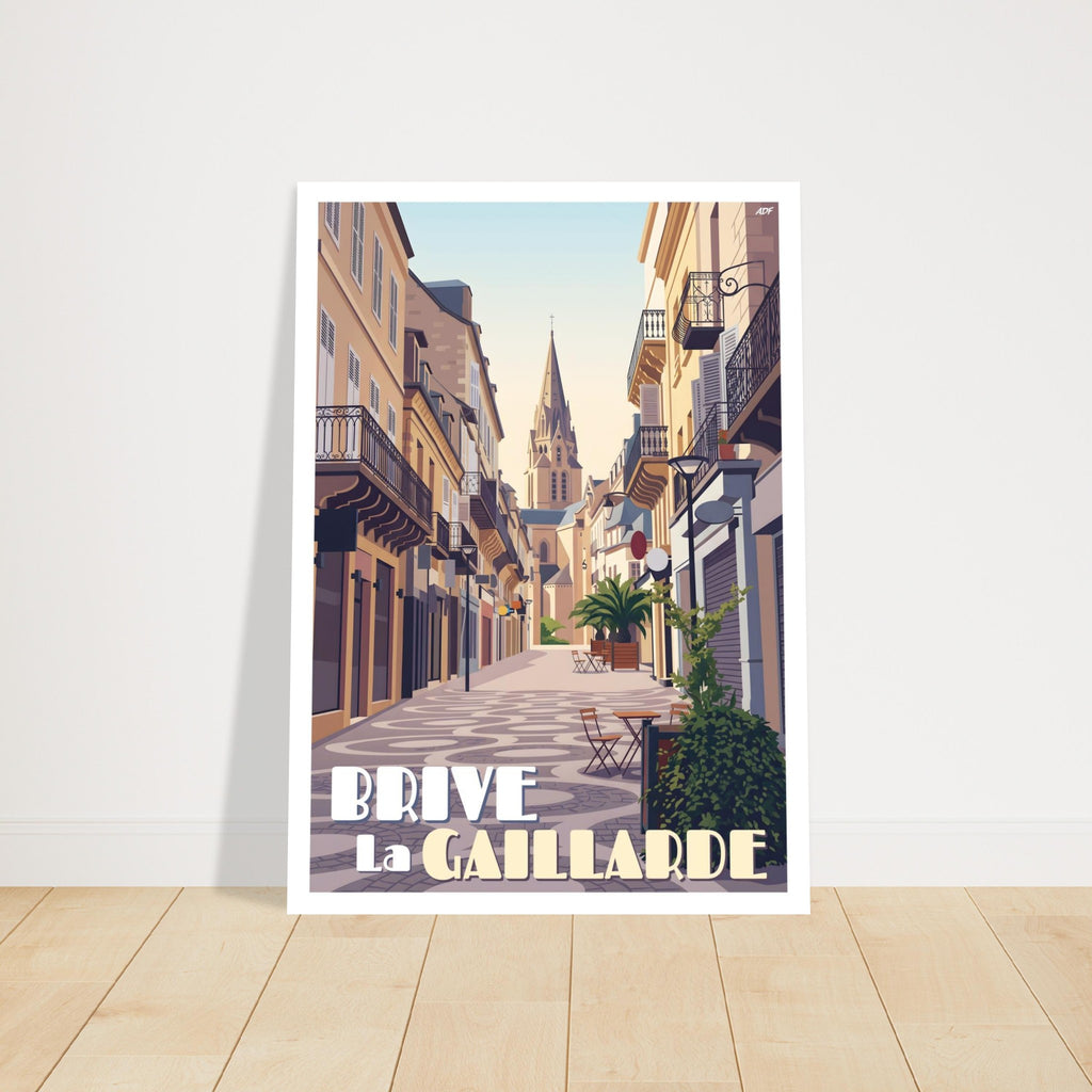 Grand tirage d'art sous cadre du poster de Brive-la-Gaillarde posé sur du parquet