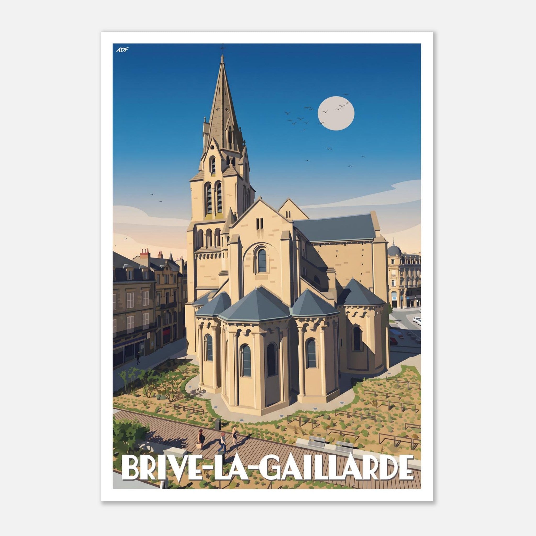Poster rétro illustré du chevet et du clocher de la collégiale Saint-Martin à Brive-la-Gaillarde