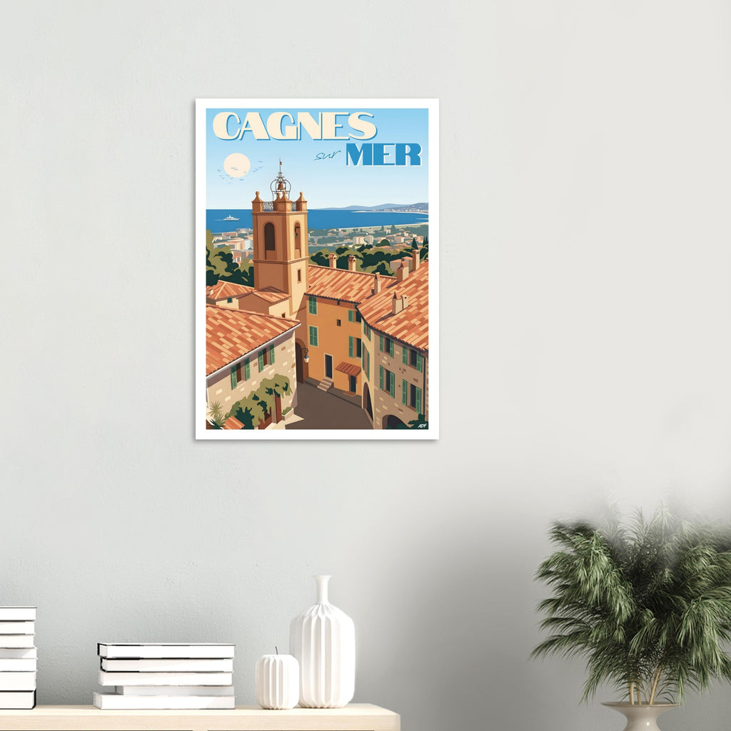 Décoration murale esprit Riviera avec le poster illustré de Cagnes-sur-Mer dans un intérieur épuré