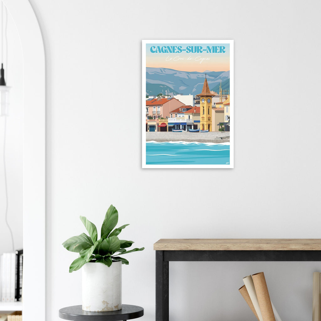 Poster de voyage de Cagnes-sur-Mer sous cadre posé sur une console moderne en bois
