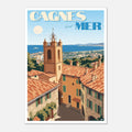 Poster rétro illustré du village médiéval du Haut-de-Cagnes et des façades ensoleillées sur la Côte d'Azur