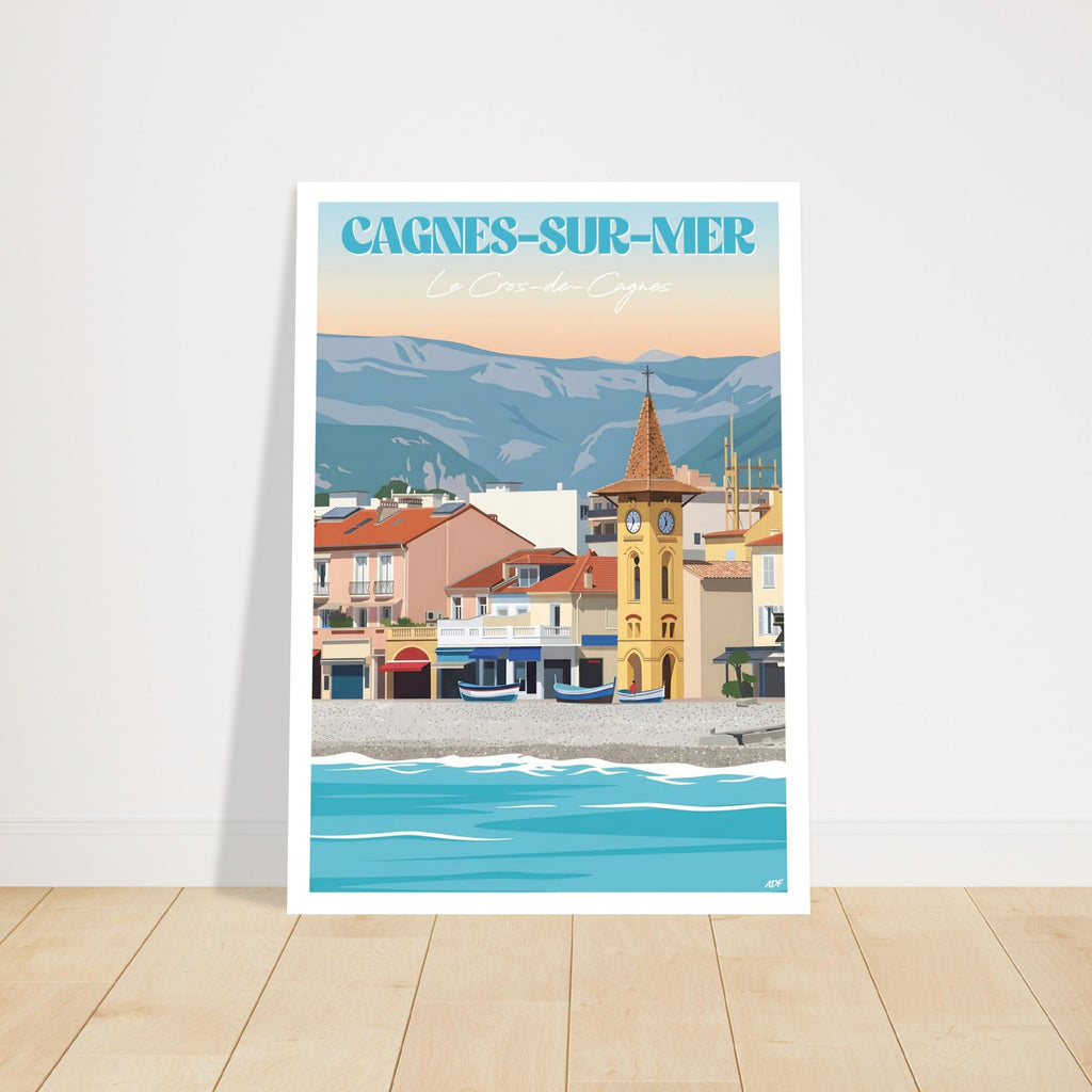 Tirage d'art sous cadre de l'affiche de Cagnes-sur-Mer posé au sol dans une ambiance chaleureuse