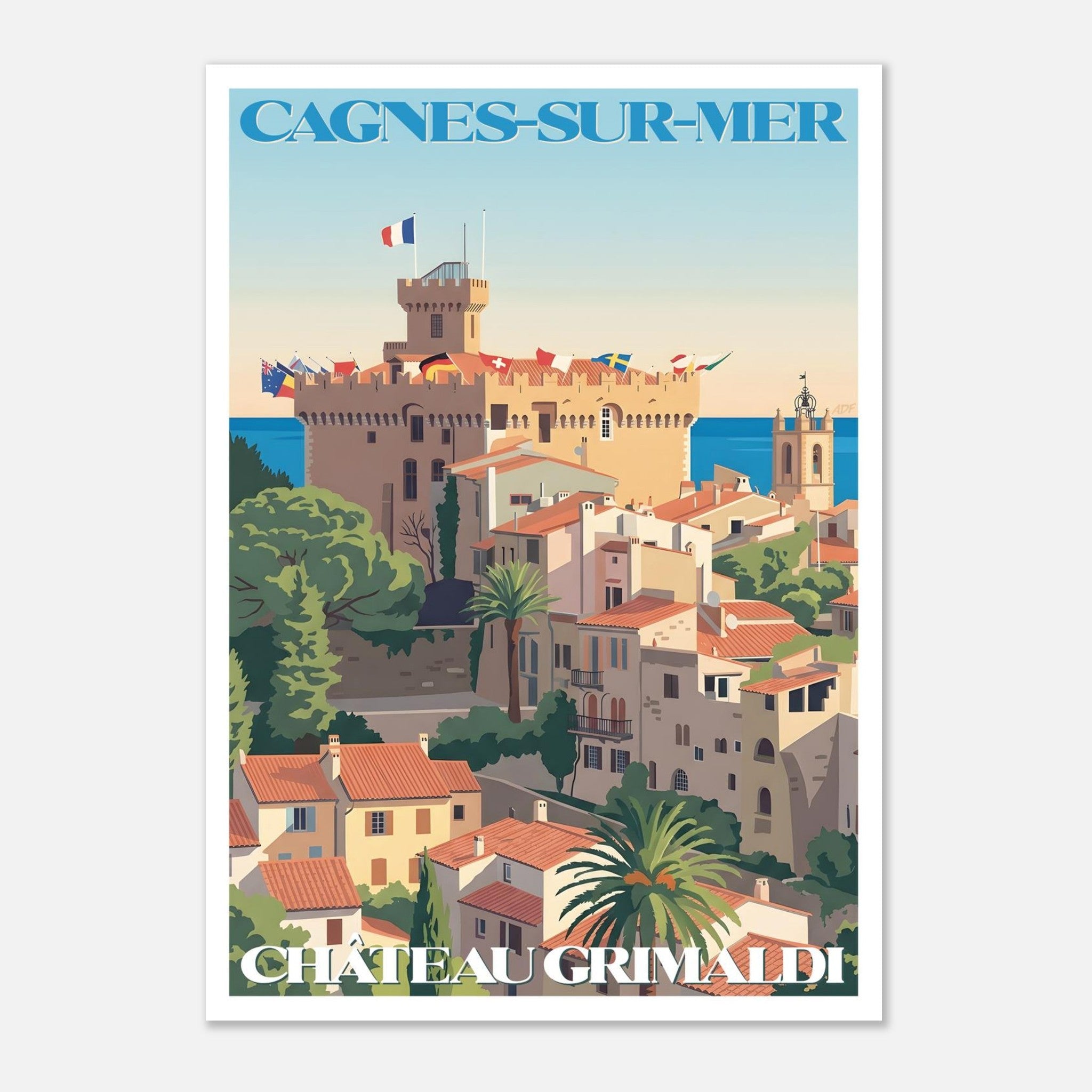 Poster rétro illustré du village médiéval du Haut-de-Cagnes et du Château Grimaldi sur la Côte d'Azur