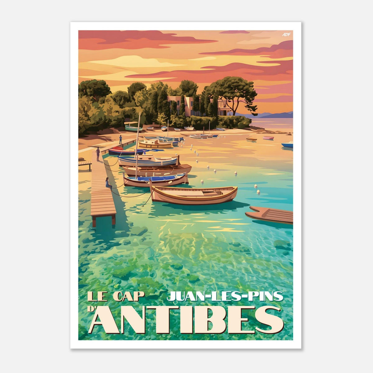 Poster rétro illustré des criques aux eaux cristallines et des pins maritimes au Cap d'Antibes