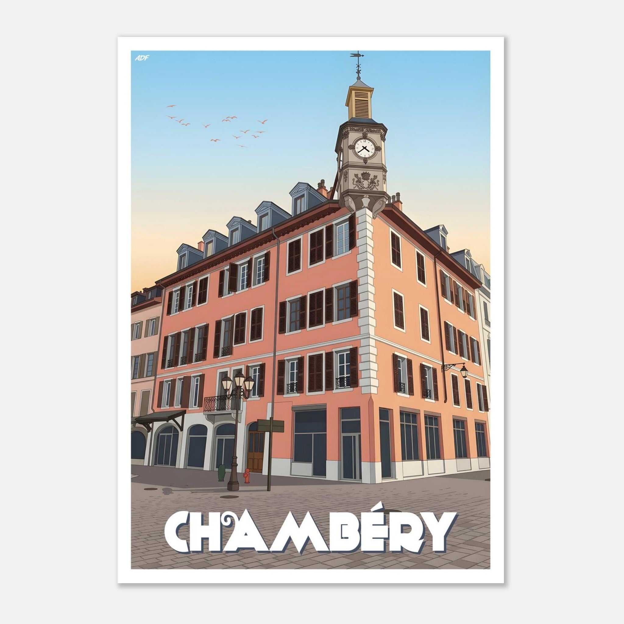 Poster rétro illustré du centre historique de Chambéry et de ses hôtels particuliers en Savoie