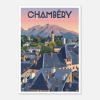 Poster rétro illustré du Château des Ducs de Savoie et du ciel alpin aux teintes orangées à Chambéry