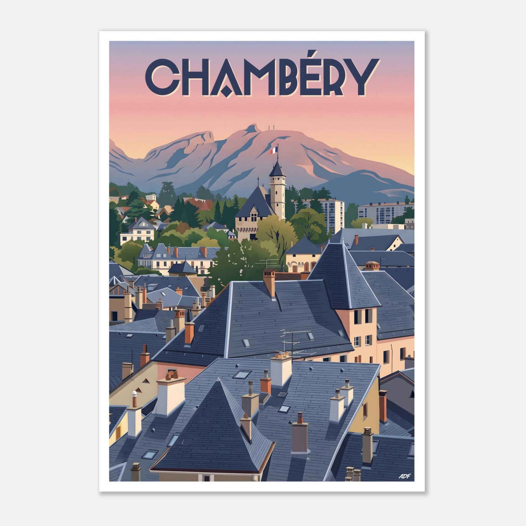 Poster rétro illustré du Château des Ducs de Savoie et du ciel alpin aux teintes orangées à Chambéry
