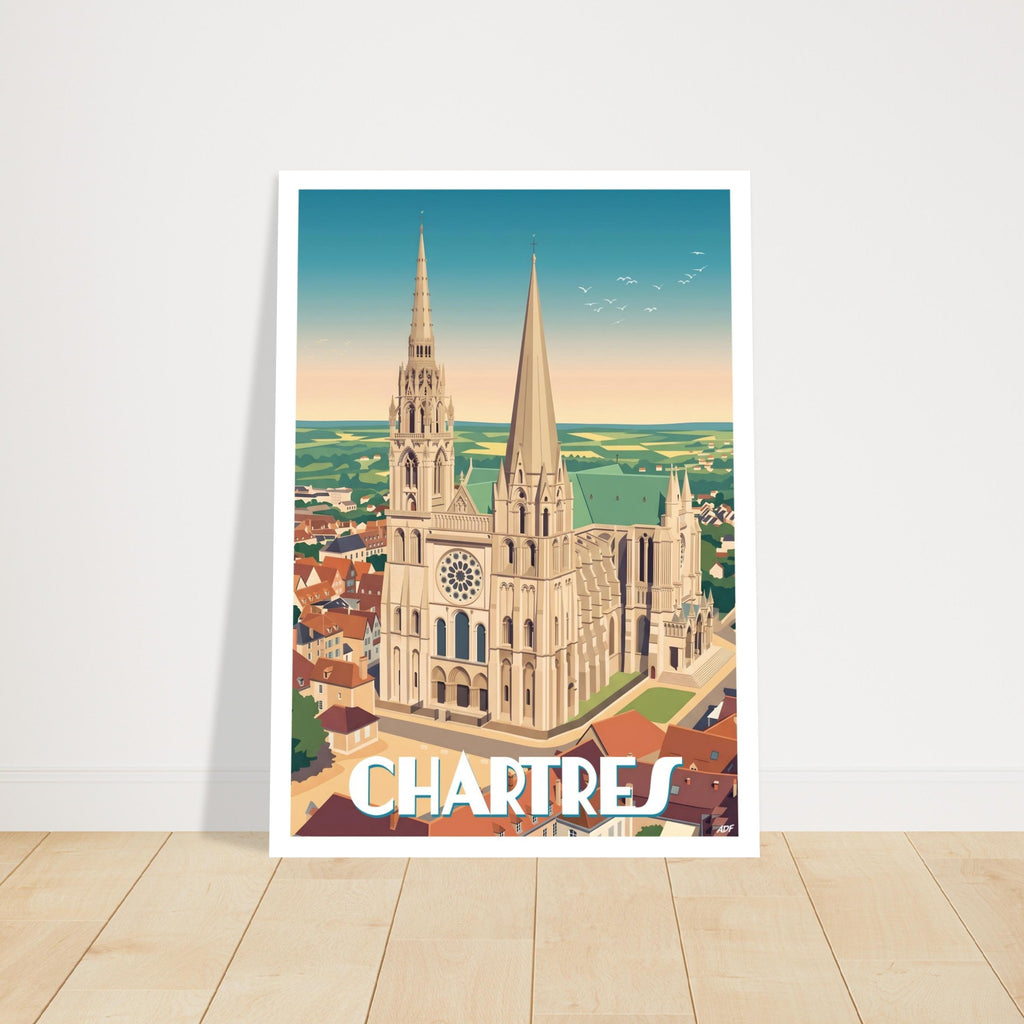 Grand poster d'art sous cadre de la cathédrale de Chartres posé sur du parquet