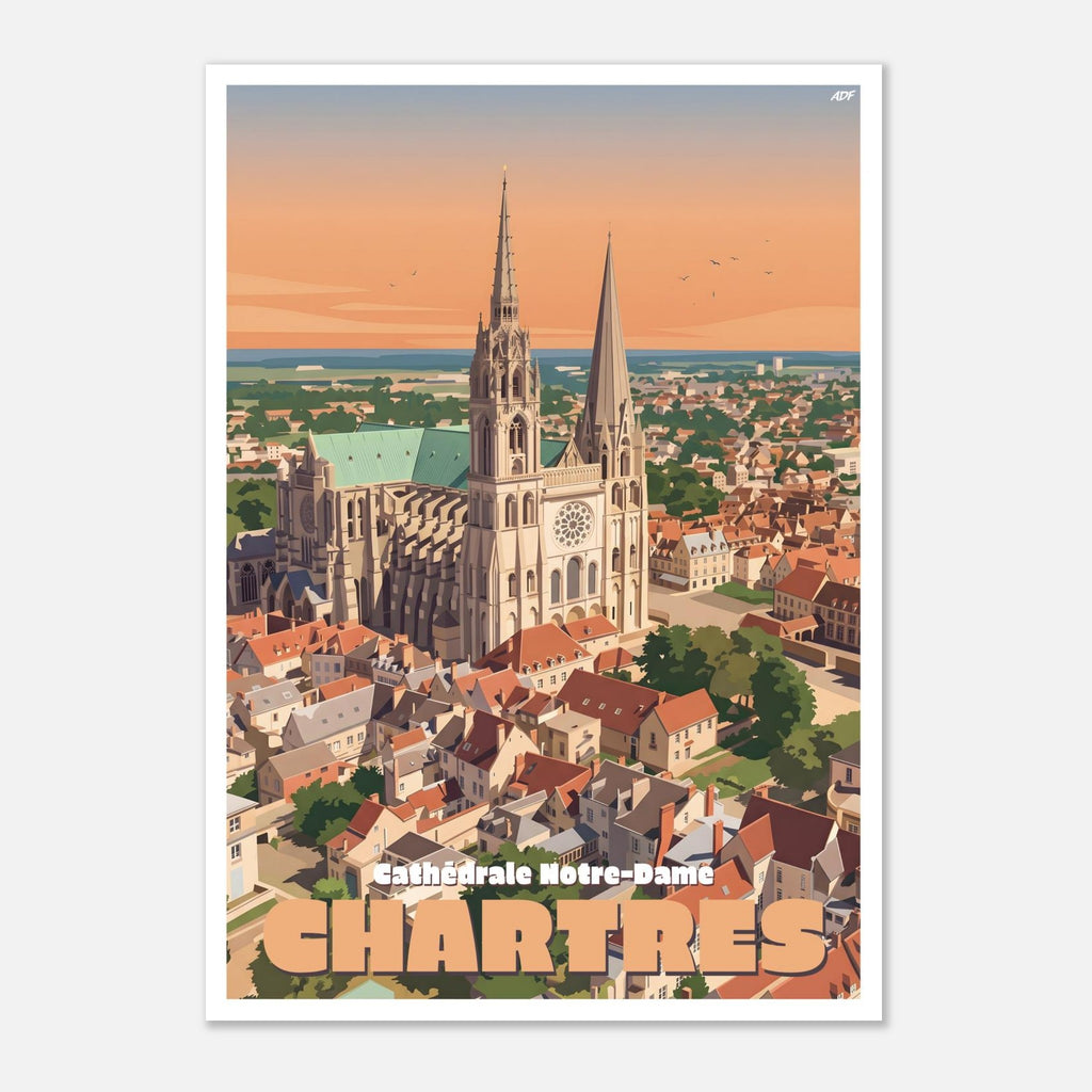 Poster rétro illustré de la cathédrale de Chartres dominant la cité beauceronne