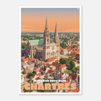 Poster rétro illustré de la cathédrale de Chartres dominant la cité beauceronne