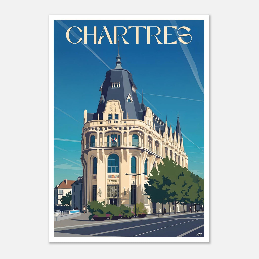 Poster rétro illustré de la médiathèque L'Apostrophe et de l'architecture historique de Chartres