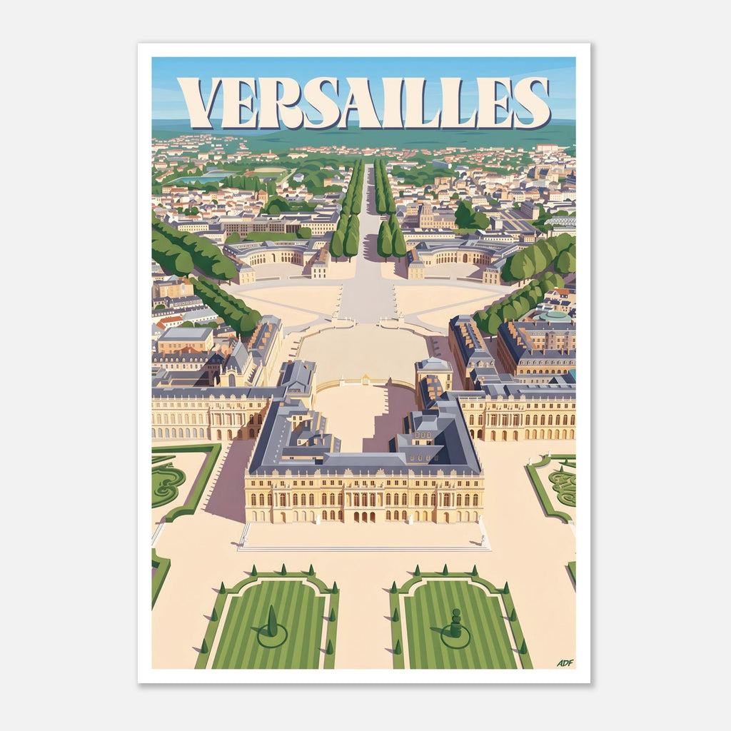 Poster rétro illustré du château de Versailles et de ses parterres à la française