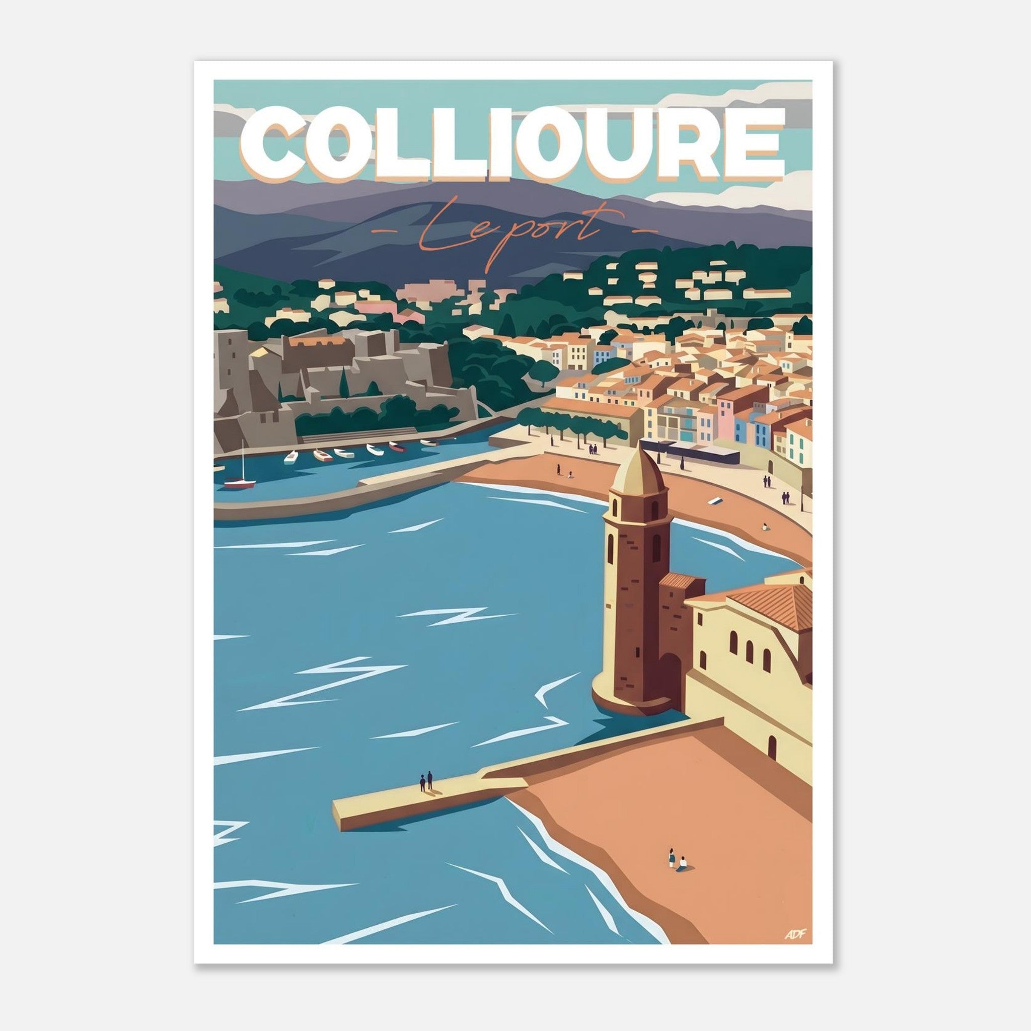 Poster rétro illustré de Collioure avec vue sur les vagues méditerranéennes et le village fortifié