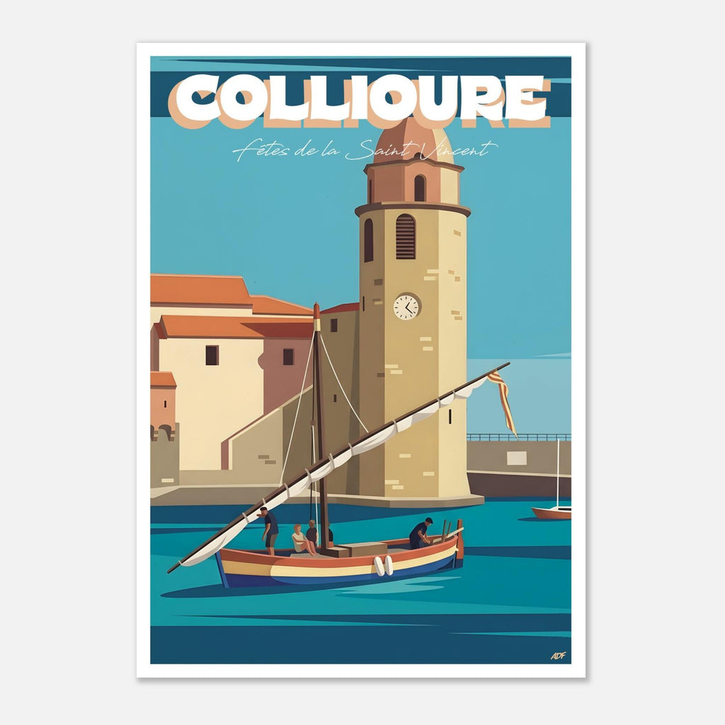Poster rétro illustré de Collioure avec les façades colorées et la barque catalane sur l'eau turquoise