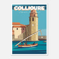 Poster rétro illustré de Collioure avec les façades colorées et la barque catalane sur l'eau turquoise