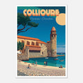 Poster rétro illustré du clocher fortifié de Collioure sur la Côte Vermeille en Occitanie