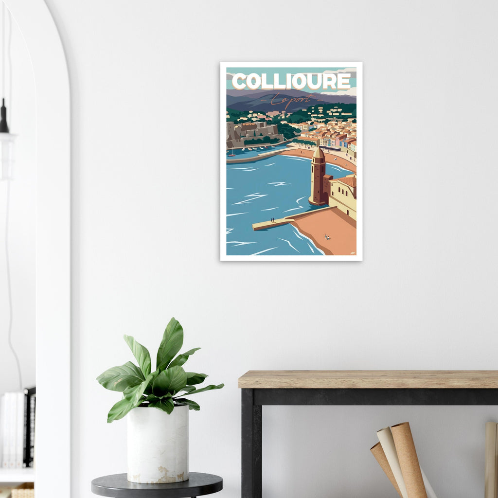 Poster de voyage de Collioure sous cadre posé sur une console d'entrée moderne